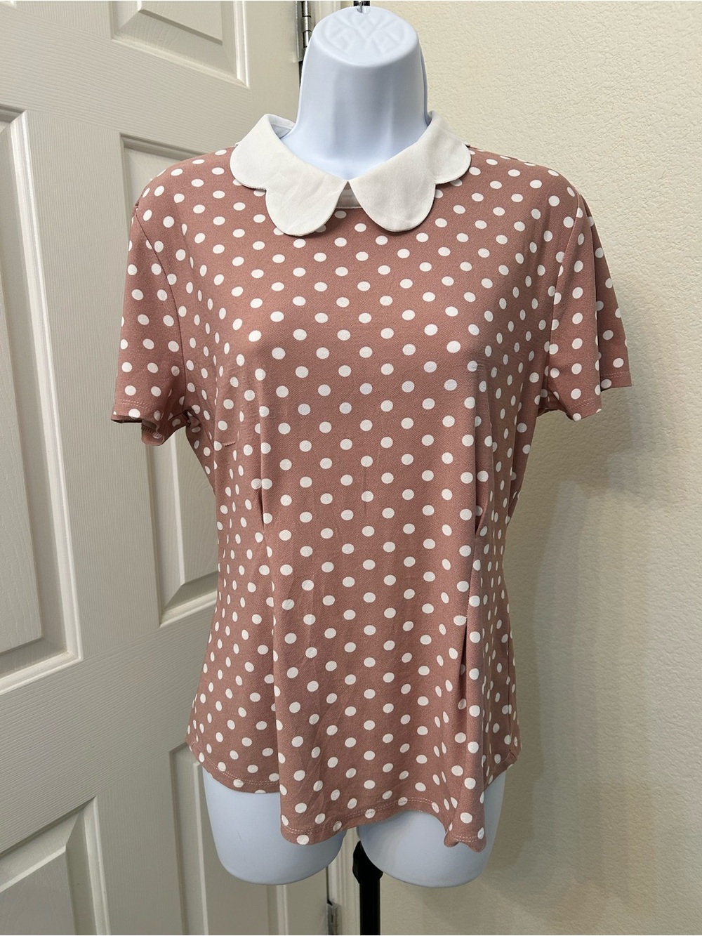 Faith and Joy Dusty Rose Polka Dot Tee with White Peter Pan Collar